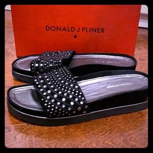 Black, bejeweled slip on sandals size 9.5 narrow